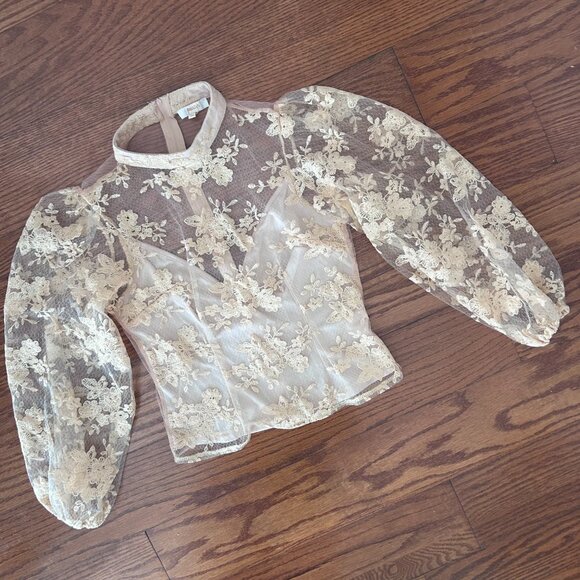 Sheer Mock Neck Long Sleeve Peach Floral Lace Top Built-in Cami Size Medium - Picture 2 of 14